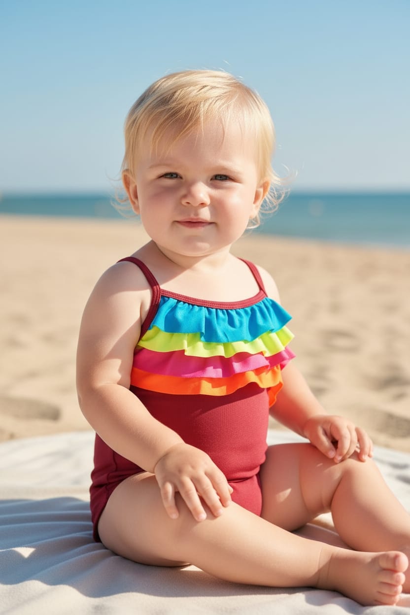 baby wearing a Carter's rainbow ruffle swimsuit