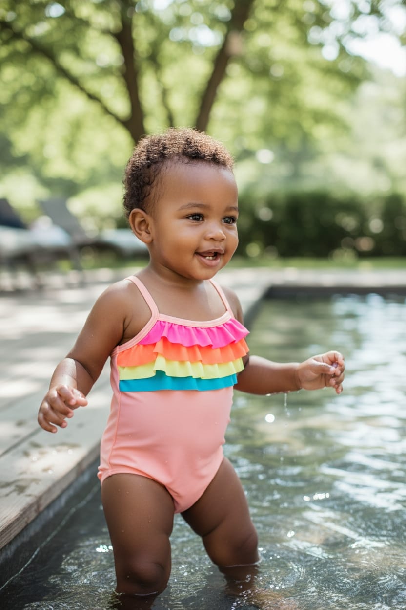 baby girl's one-piece swimsuit with rainbow ruffles.
