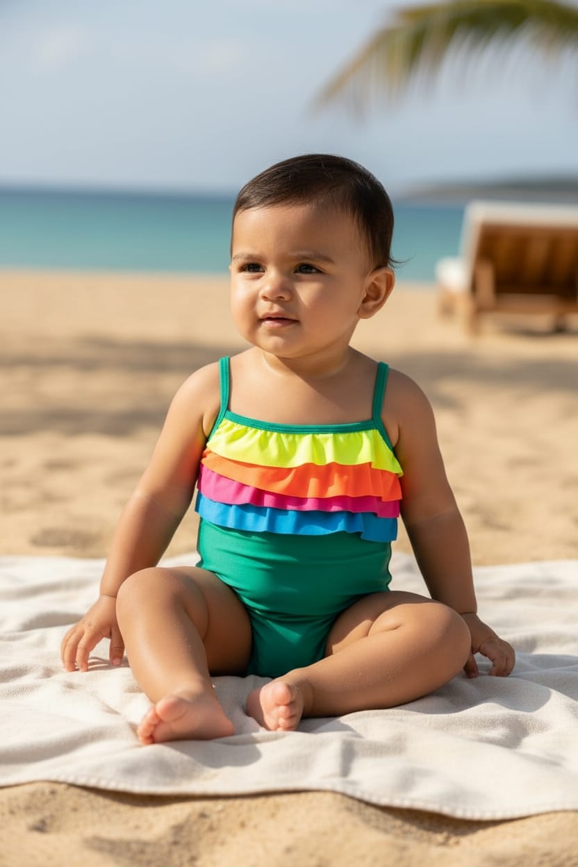 baby wearing a Carter's rainbow ruffle swimsuit