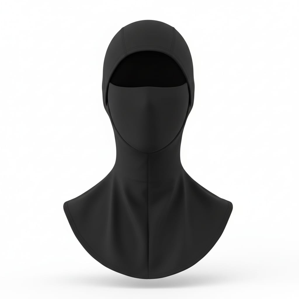 Black thermal balaclava ski mask made from a polyester and spandex blend, designed for cold weather outdoor activities such as skiing, motorcycling, and cycling
