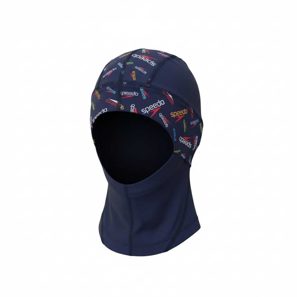 Speedo adult polyester swim cap in a dark blue color with a multi-color logo print