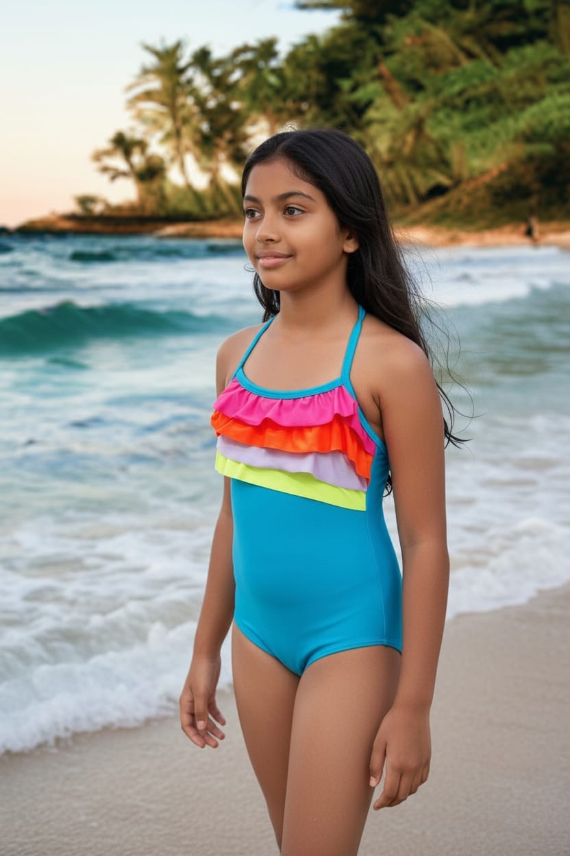 Carter's girls' one-piece swimsuit featuring rainbow ruffle detailing and UPF 50+ sun protection