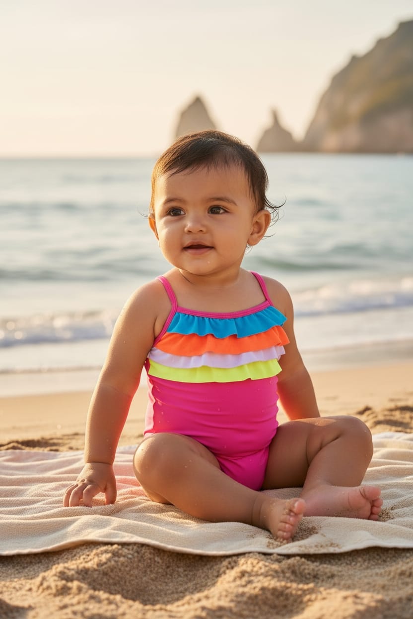 baby wearing a Carter's rainbow ruffle swimsuit